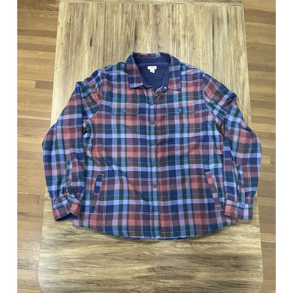 LL Bean Womens Large Fleece Lined Flannel Shirt Jacket Purple Blue Plaid Shacket